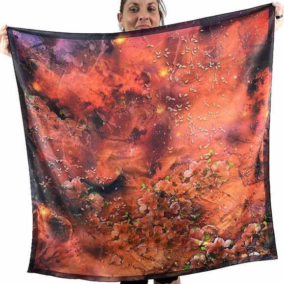Deep Orange & Pink Petals Square Pure Silk Scarf Wrap - Picture 4 of 11